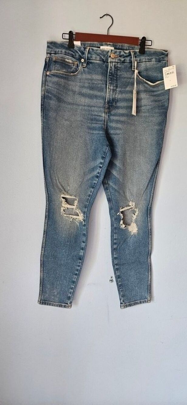 NWT Good American Good Curve Skinny Crop Jeans Size 12 Blue Distressed High Rise